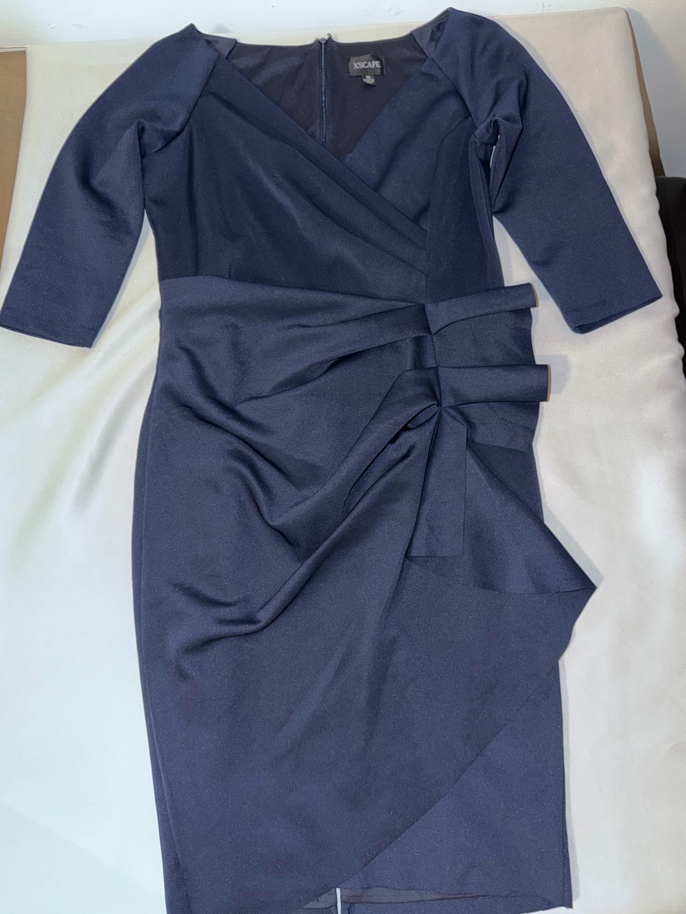 Xscape Navy Draped Wrap-Front Midi Dress